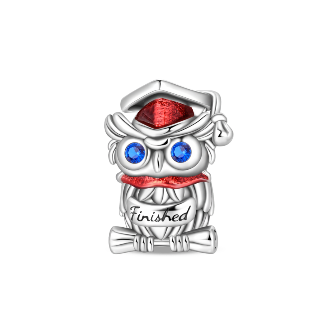 Graduation Owl Charm featuring a festive owl wearing a graduation cap and holding a diploma, symbolizing achievement.