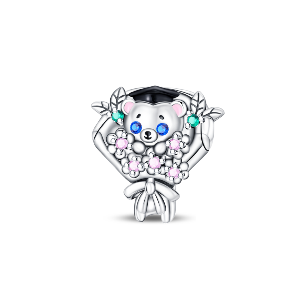 Graduation Teddy Bear Bouquet Charm featuring a cute bear in a graduation cap with a floral bouquet.