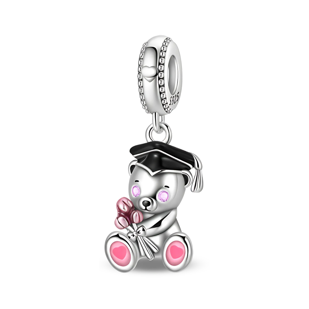 Graduation Teddy Bear Rose Dangle Charm featuring a cute bear in a graduation cap holding roses.