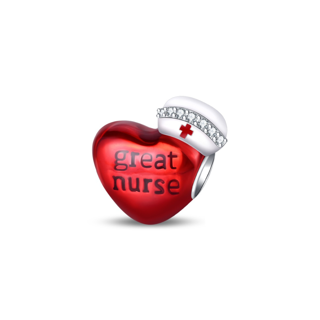 Great Nurse Heart Charm with red heart design and nurse cap, perfect gift for compassionate healthcare workers.