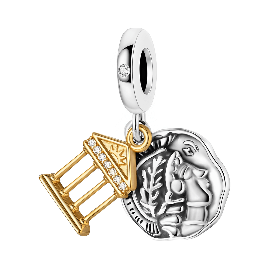 Greek Parthenon Ancient Coin Dangle Charm featuring a golden Parthenon and detailed silver ancient coin