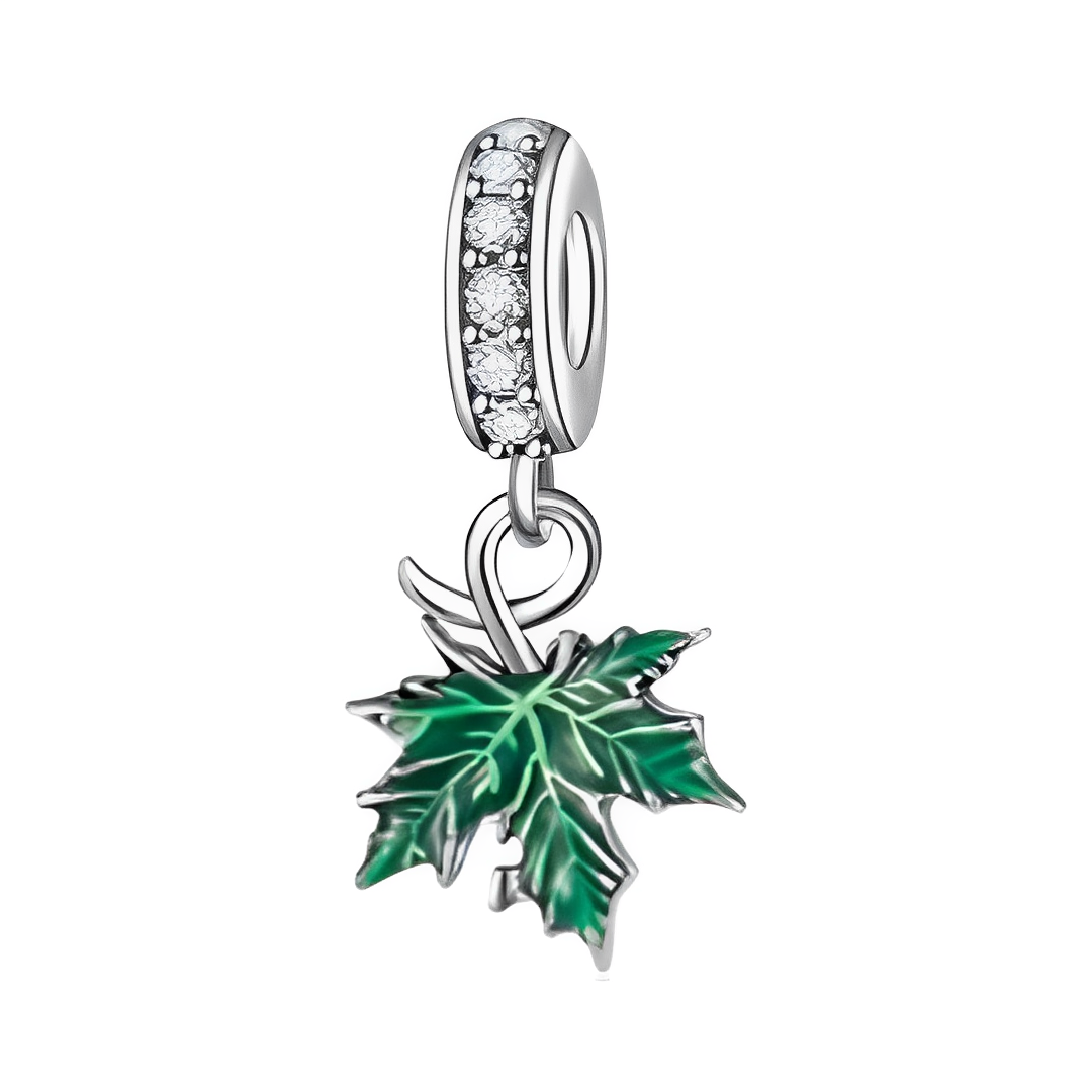Green Maple Leaf Sparkling Glow Dangle Charm featuring green enamel maple leaves and a sparkling pavé crystal bale.