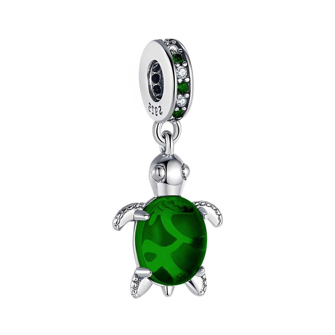 Green Murano Glass Sea Turtle Dangle Charm showcasing a deep green design and silver accents, ideal for ocean lovers.