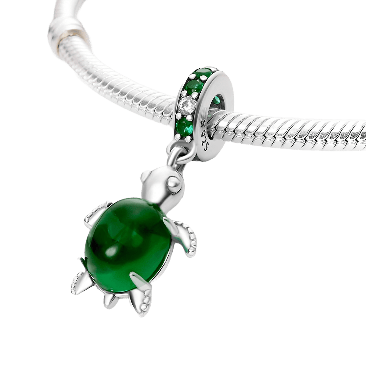 Green Murano Glass Sea Turtle Dangle Charm with sparkling accents on a silver bracelet