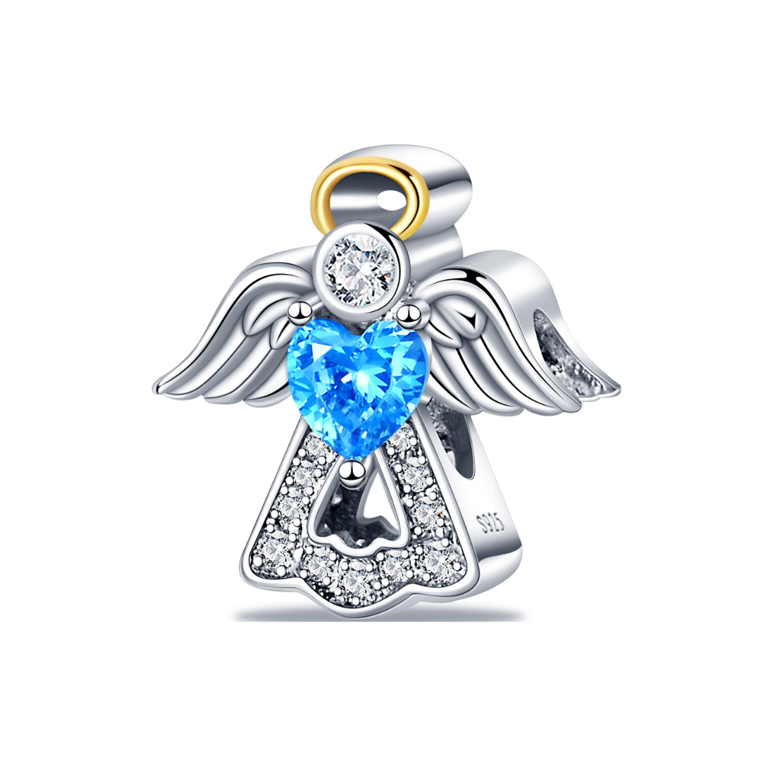 Guardian Angel Blue Heart Sparkling Charm featuring intricate silver design, blue heart crystal, and detailed wings.
