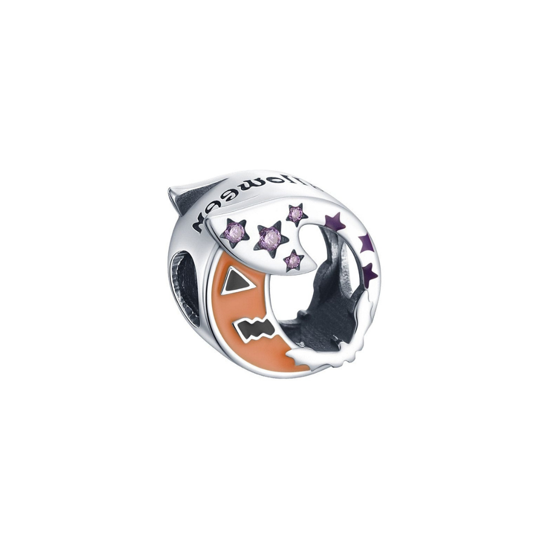 Halloween Pumpkin & Moon Openworks Charm ( DISCONTINUED) featuring orange pumpkin and crescent moon with stars.