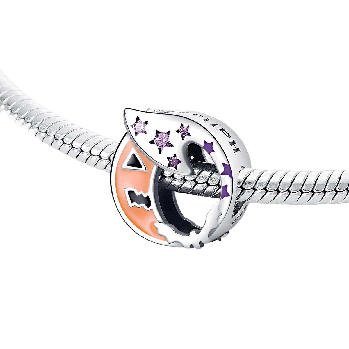 Halloween Pumpkin & Moon Openworks Charm ( DISCONTINUED) featuring silver charm with pumpkin and crescent moon design.