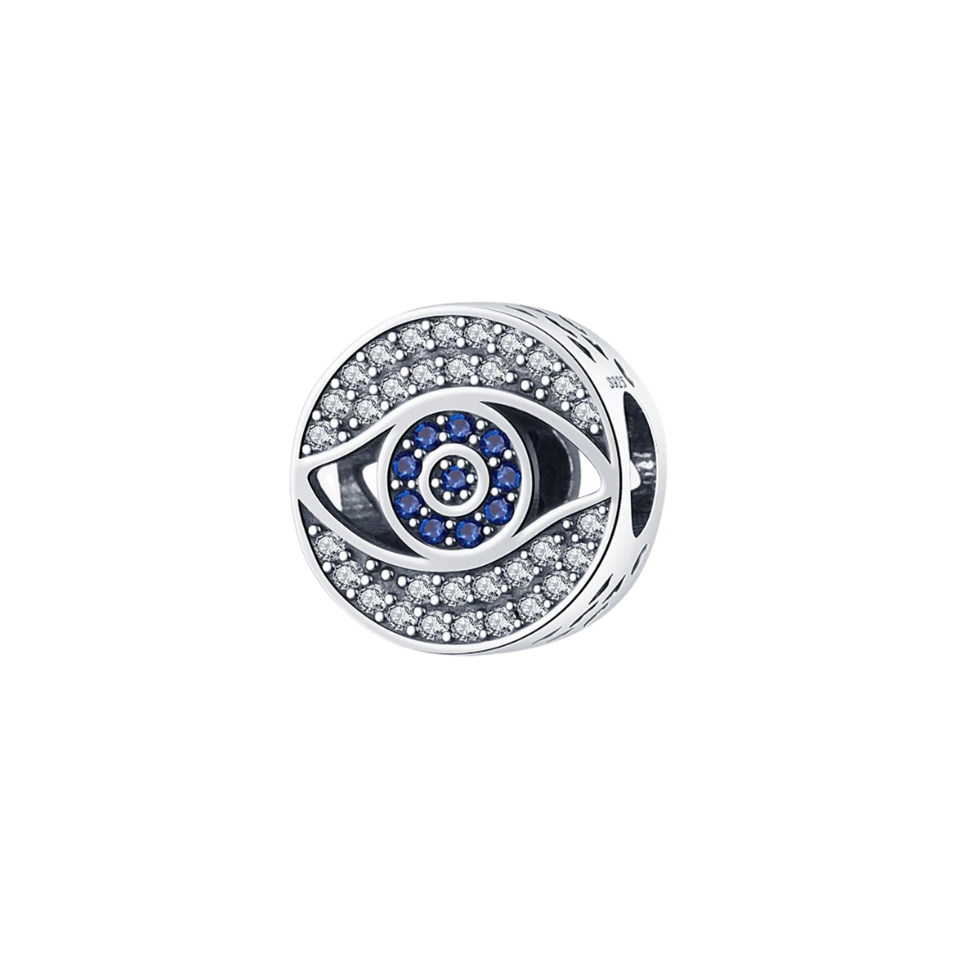 Halo Evil Eye Round Charm featuring a silver evil eye surrounded by blue and white sparkling stones.