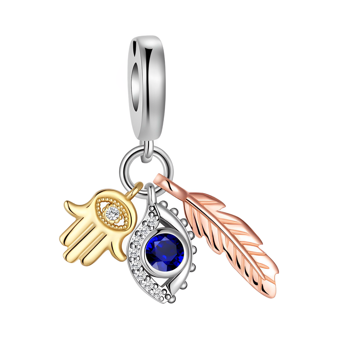 Hamsa Evil Eye Feather Protection Dangle Charm featuring a golden Hamsa, silver evil eye, and rose gold feather.