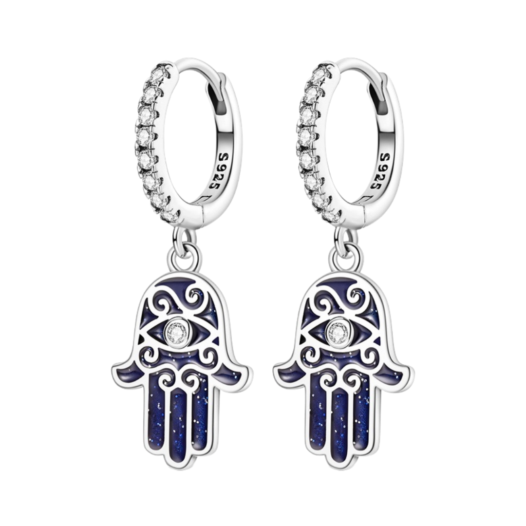Hamsa Hand Dangle Hoop Earrings featuring silver hoops and navy blue enamel detail, perfect for spiritual protection.