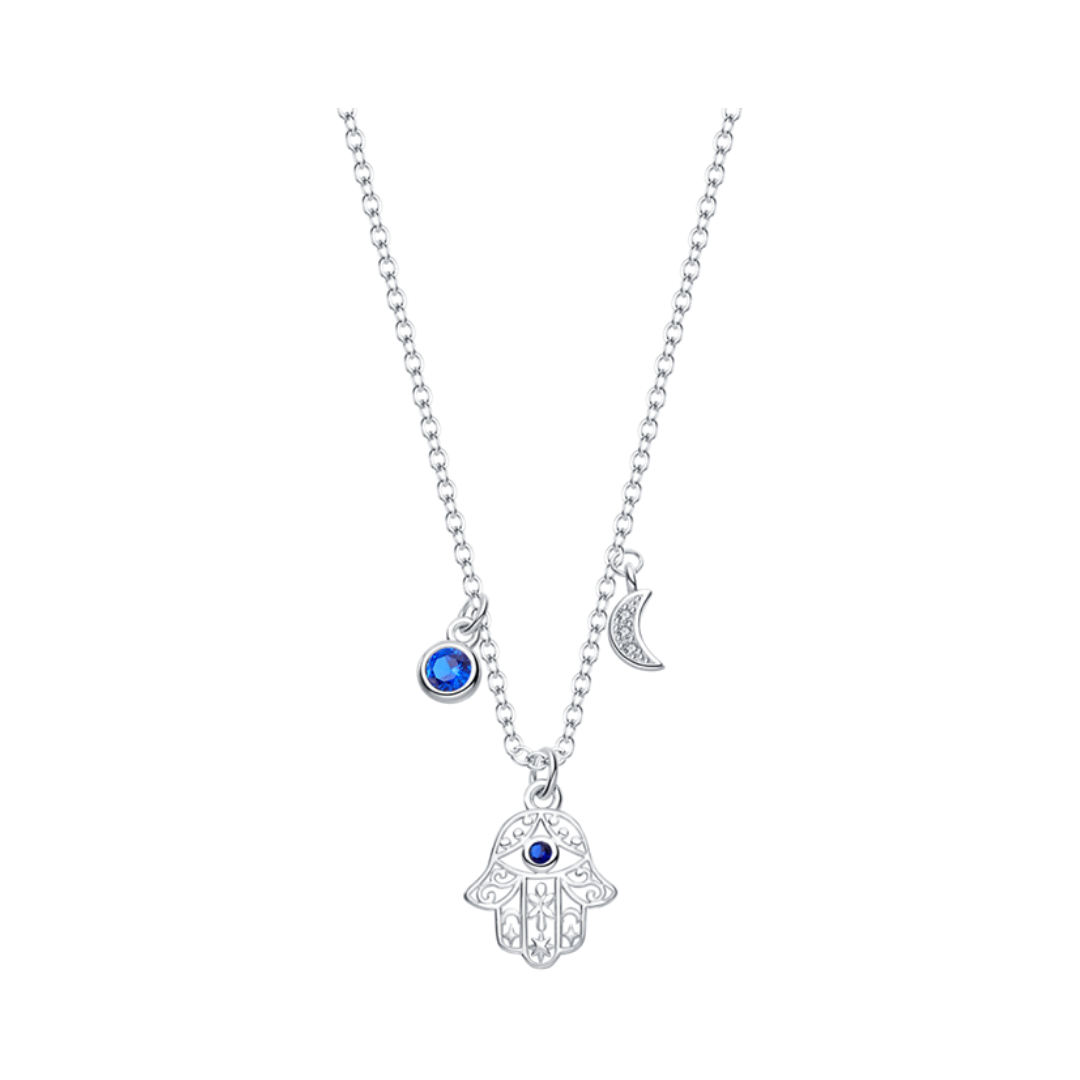 Hamsa Hand Evil Eye Necklace with blue gemstone and crescent moon charm, representing protection and positive energy.