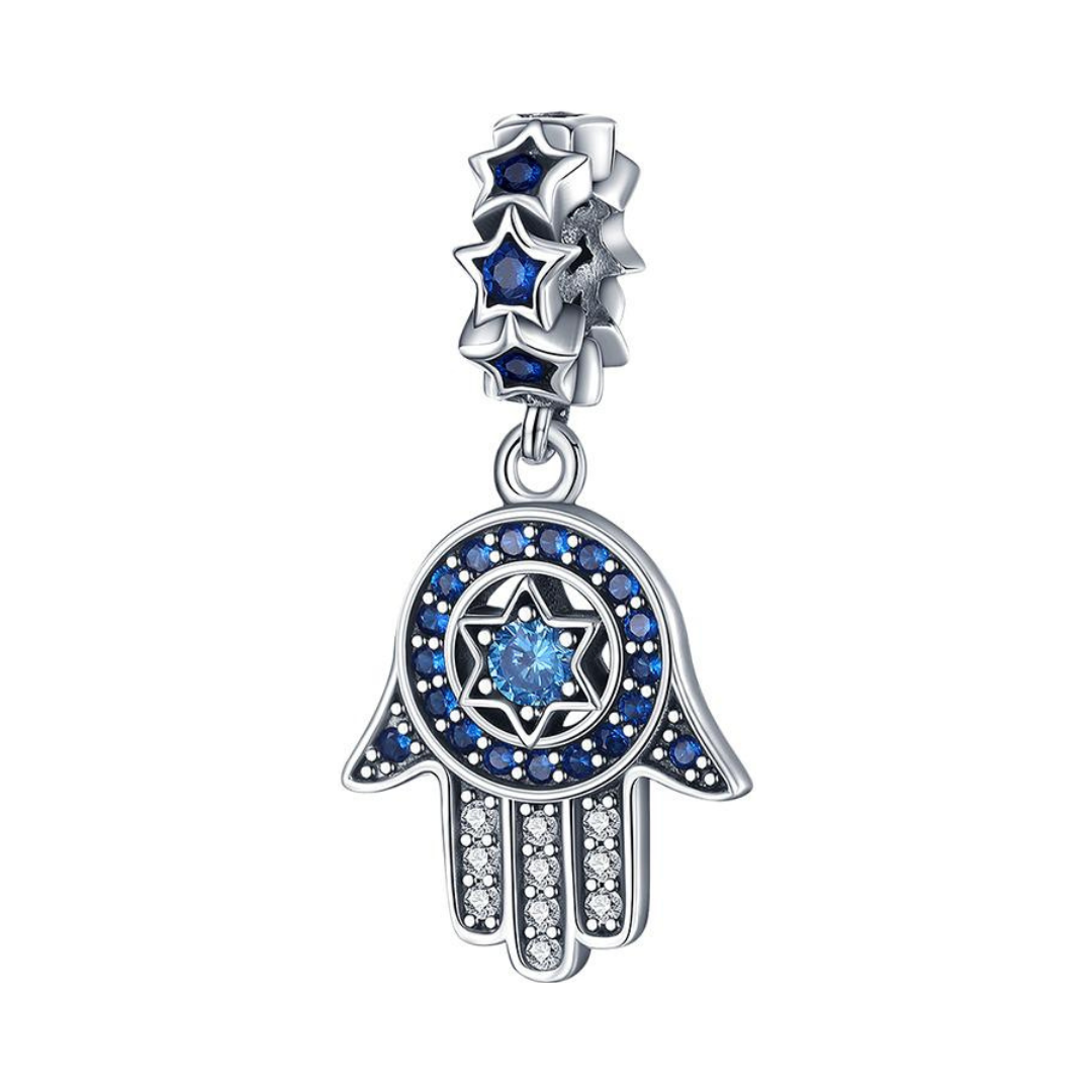 Hamsa Hand Star of David Dangle Charm featuring blue stones and silver detailing, a symbol of faith and protection.