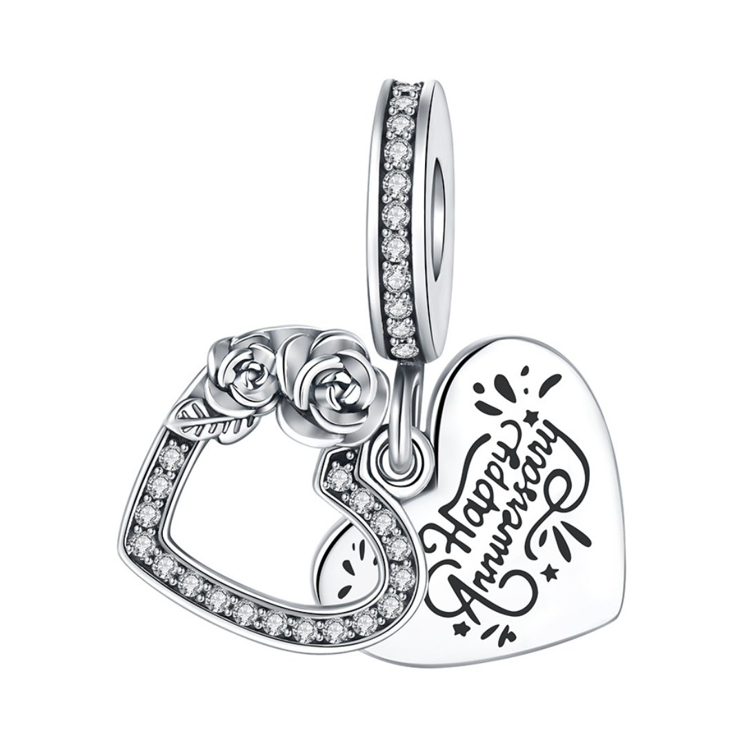 Happy Anniversary Double Heart Dangle Charm featuring silver roses and sparkling details, perfect anniversary gift.