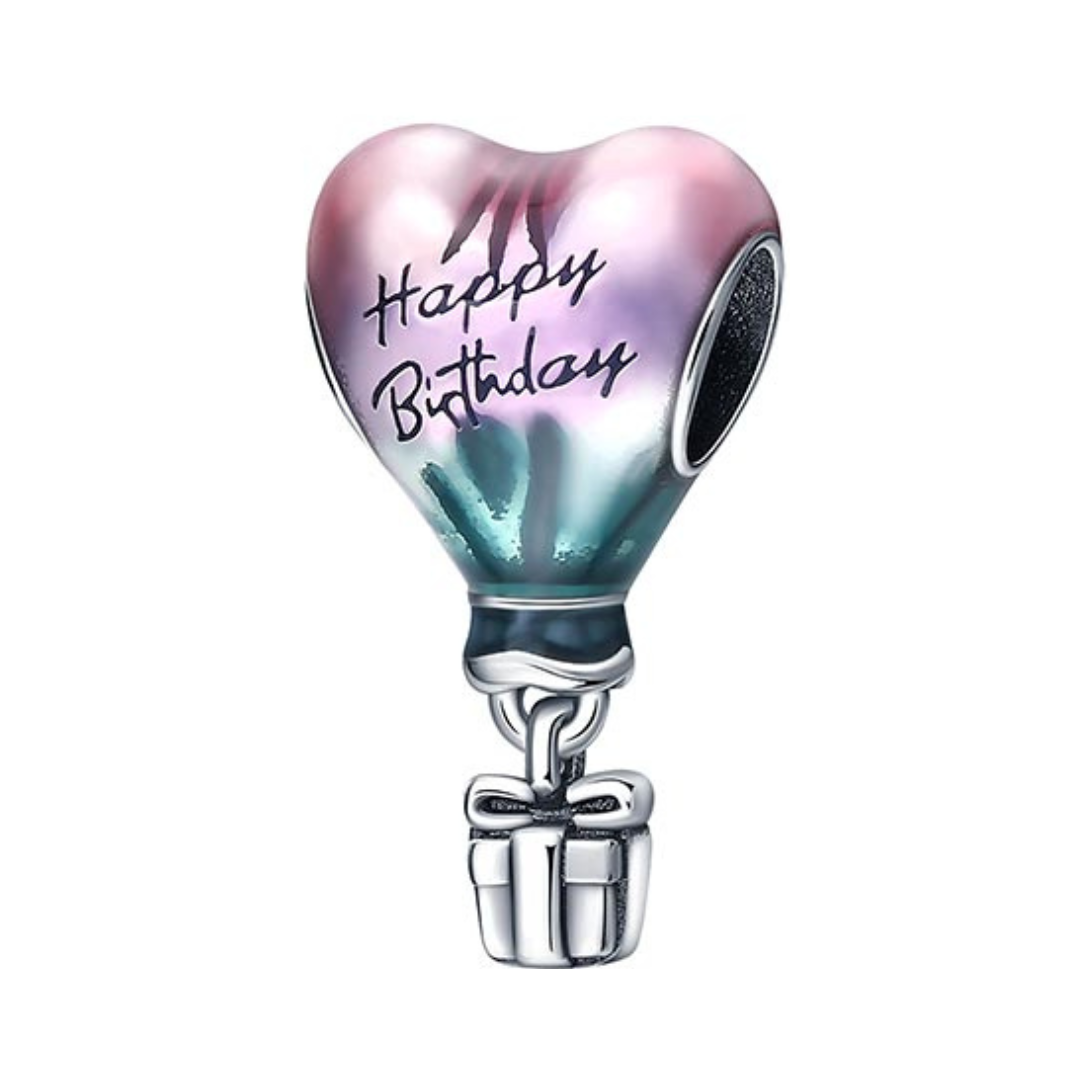 Happy Birthday Heart Balloon Gift Charm featuring a pink to teal ombre heart balloon with a dangling gift box.