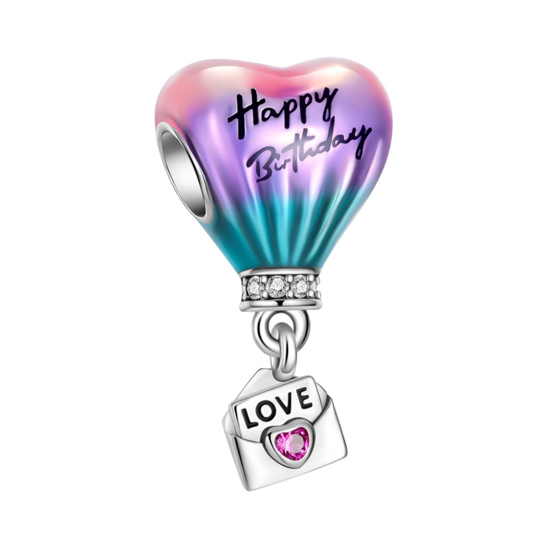 Happy Birthday Love Letter Balloon Charm with pink to teal ombre, engraved text, and silver 'Love' envelope detail.