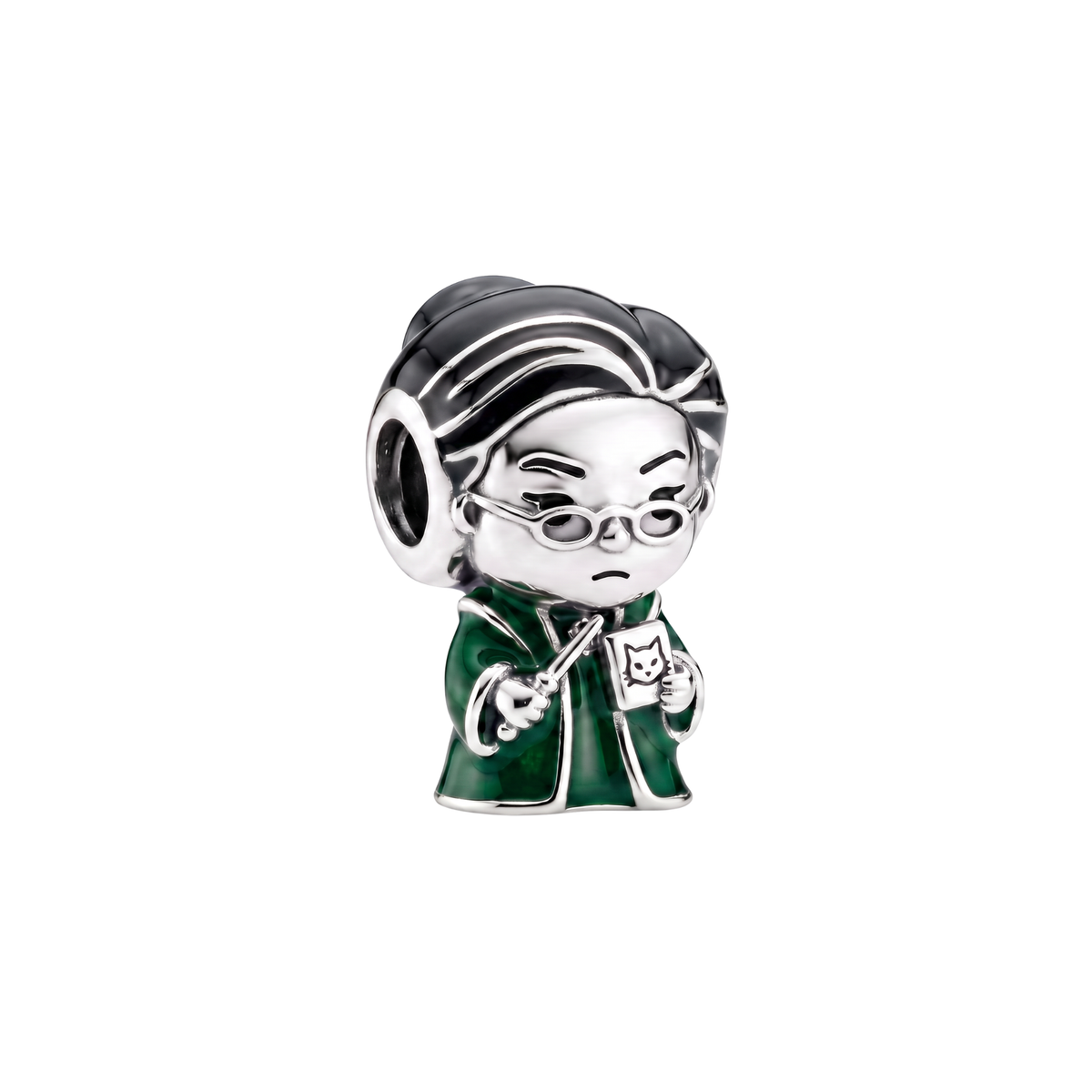 Harry Potter Professor McGonagall Charm in silver and green enamel with wand and cat detail.