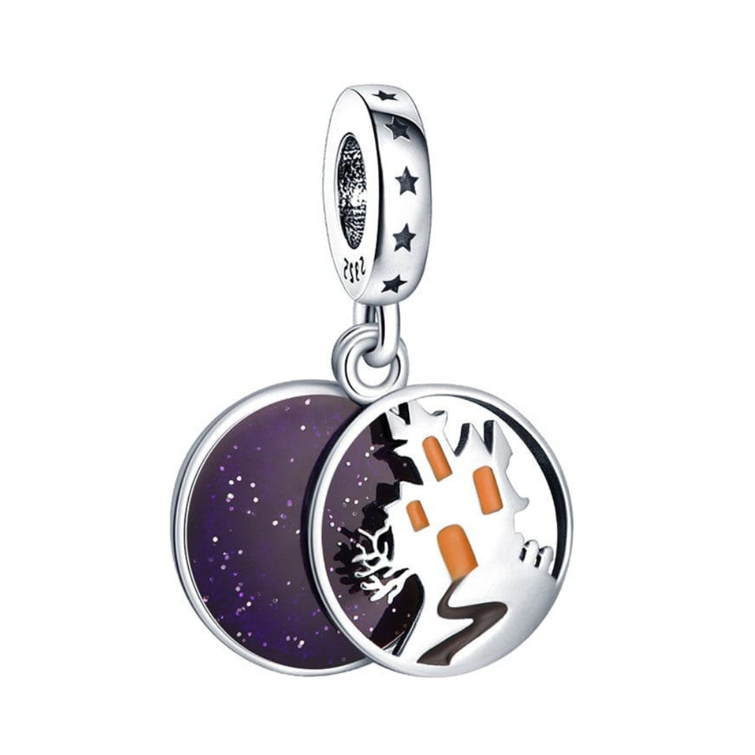 Haunted House Halloween Dangle Charm ( DISCONTINUED ) featuring a spooky house and purple night sky.