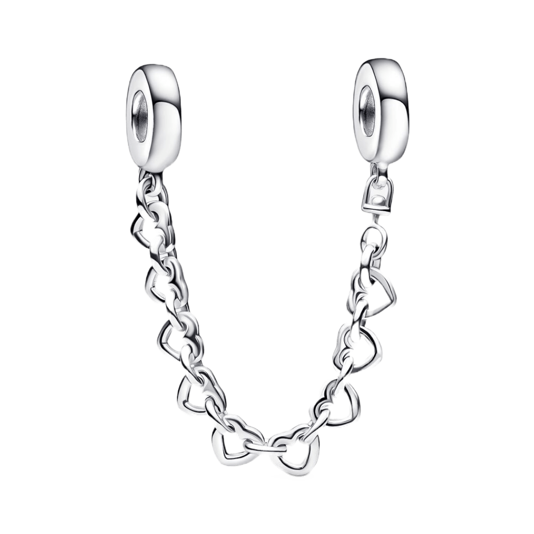 Heart Link Safety Chain featuring polished silver clip beads and open heart-shaped links.