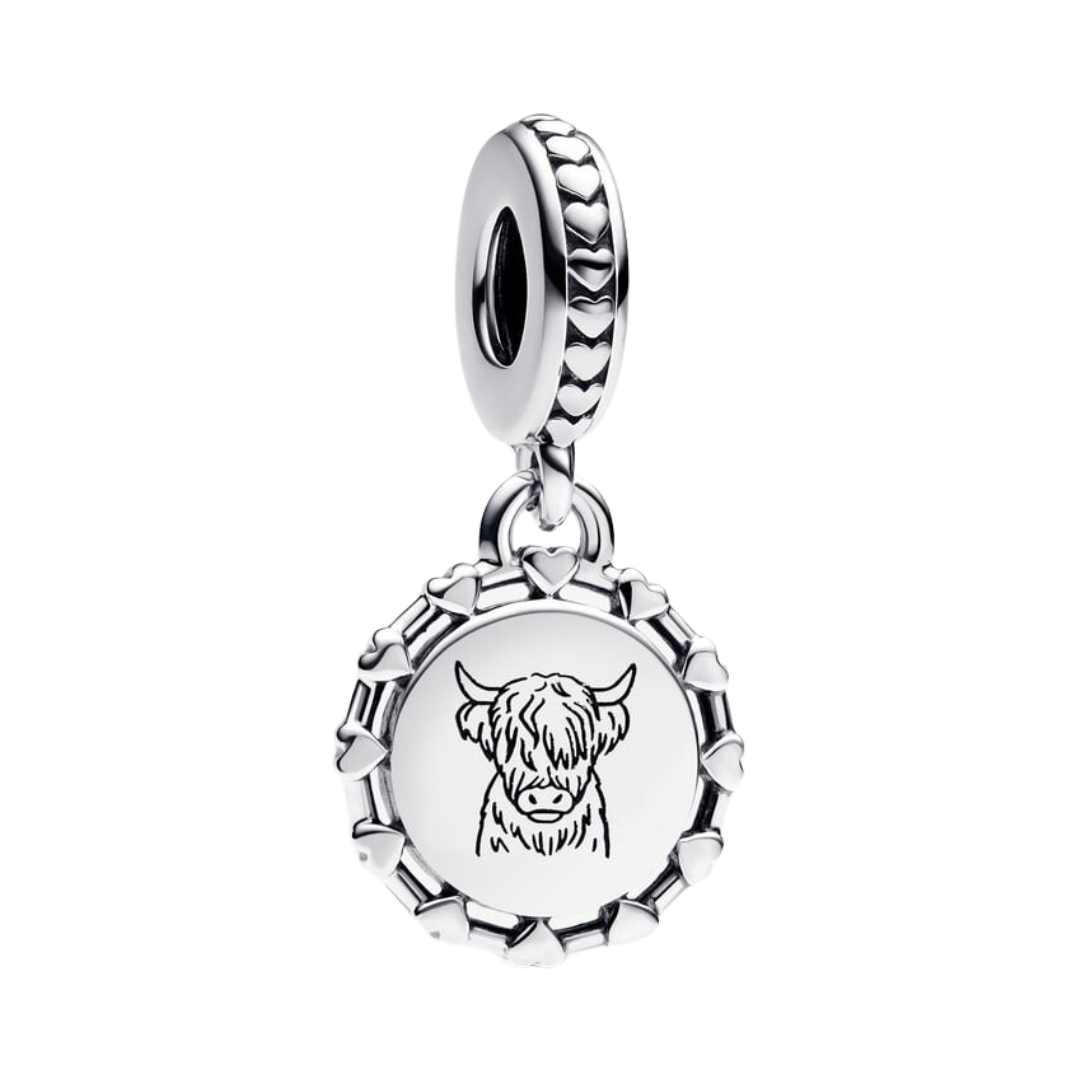 Highland Cow Heart Dangle Charm featuring a cute Highland cow design in a heart-themed frame.