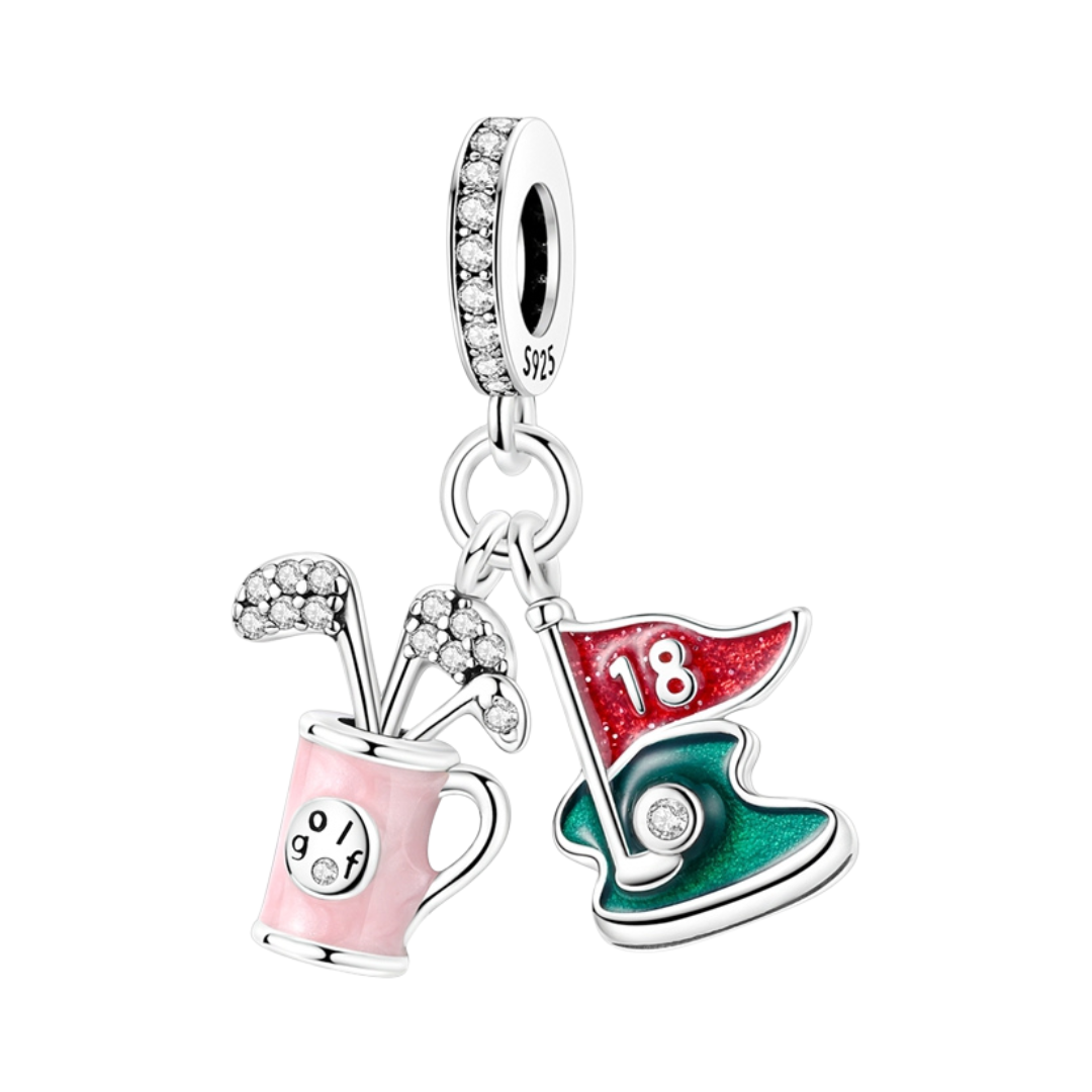 Hole In One Golf Double Dangle Charm featuring pink enamel golf bag and red glitter flag.