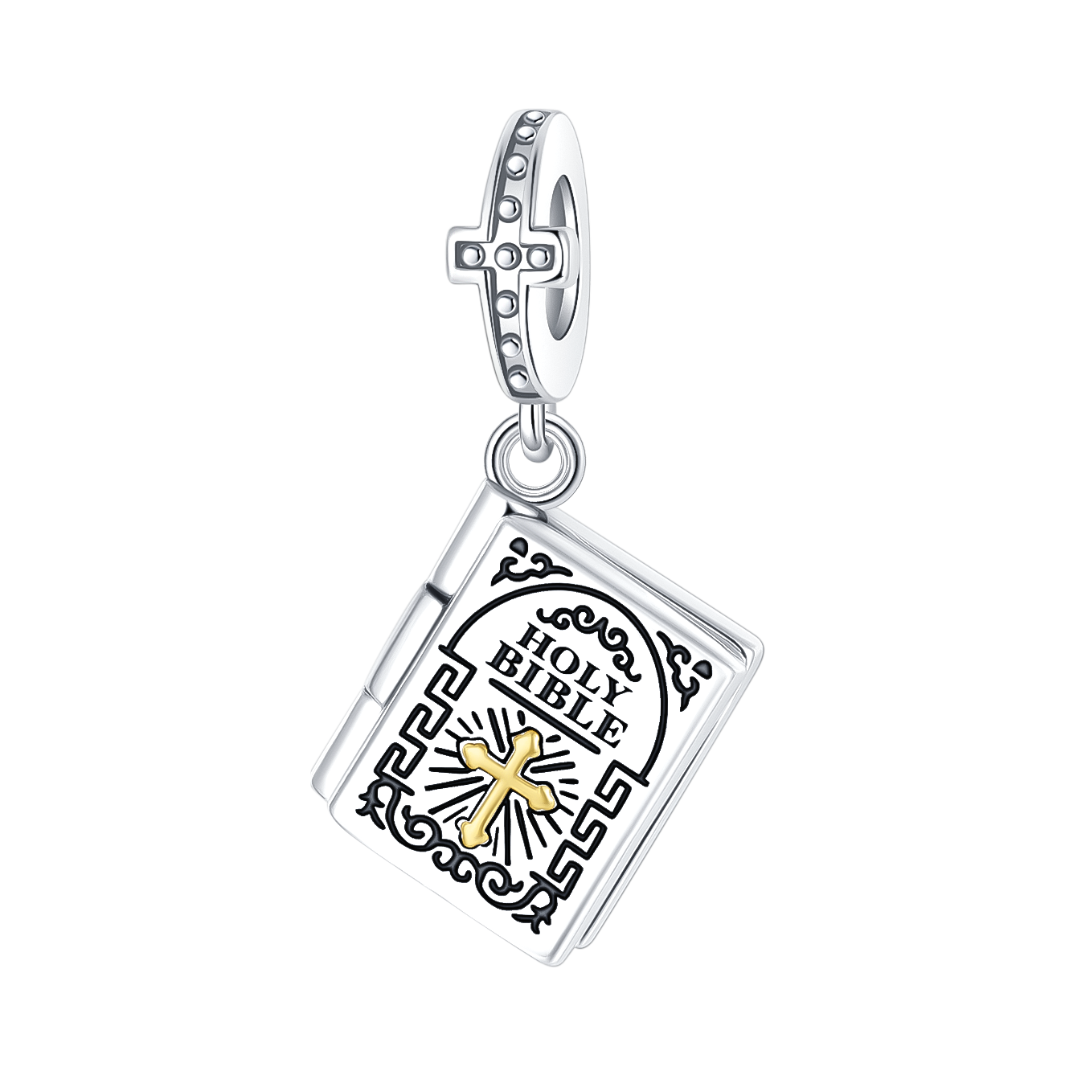 Holy Bible Golden Cross Dangle Charm featuring intricate design and radiant golden cross centerpiece.