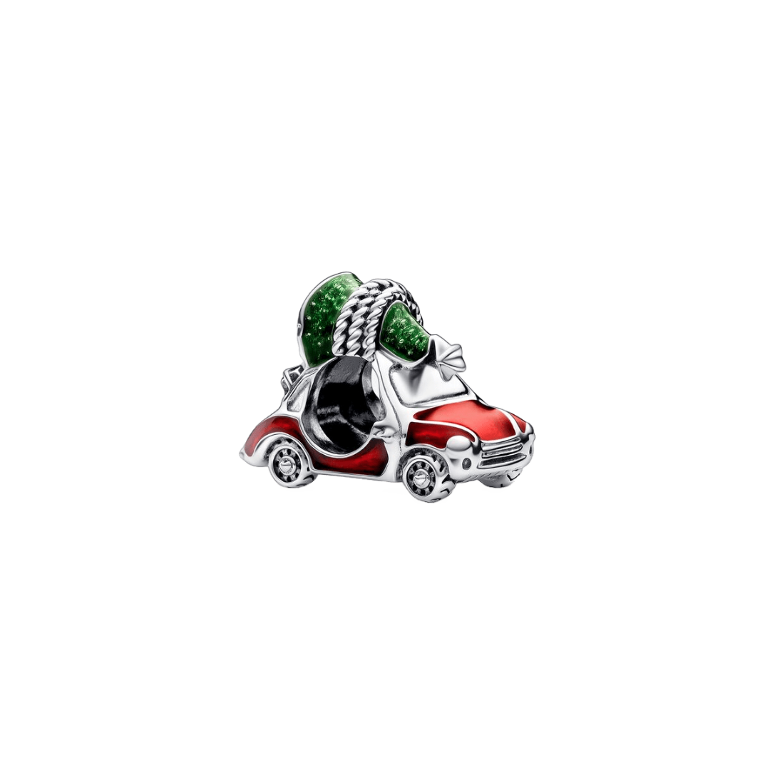 Home for Christmas Tree Car Charm featuring a vintage red car carrying a Christmas tree on its roof.