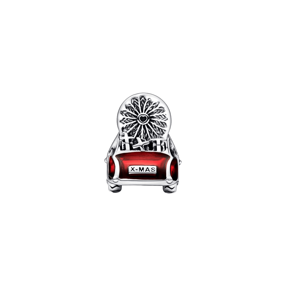 Home for Christmas Tree Car Charm featuring a vintage red car carrying a Christmas tree on its roof.