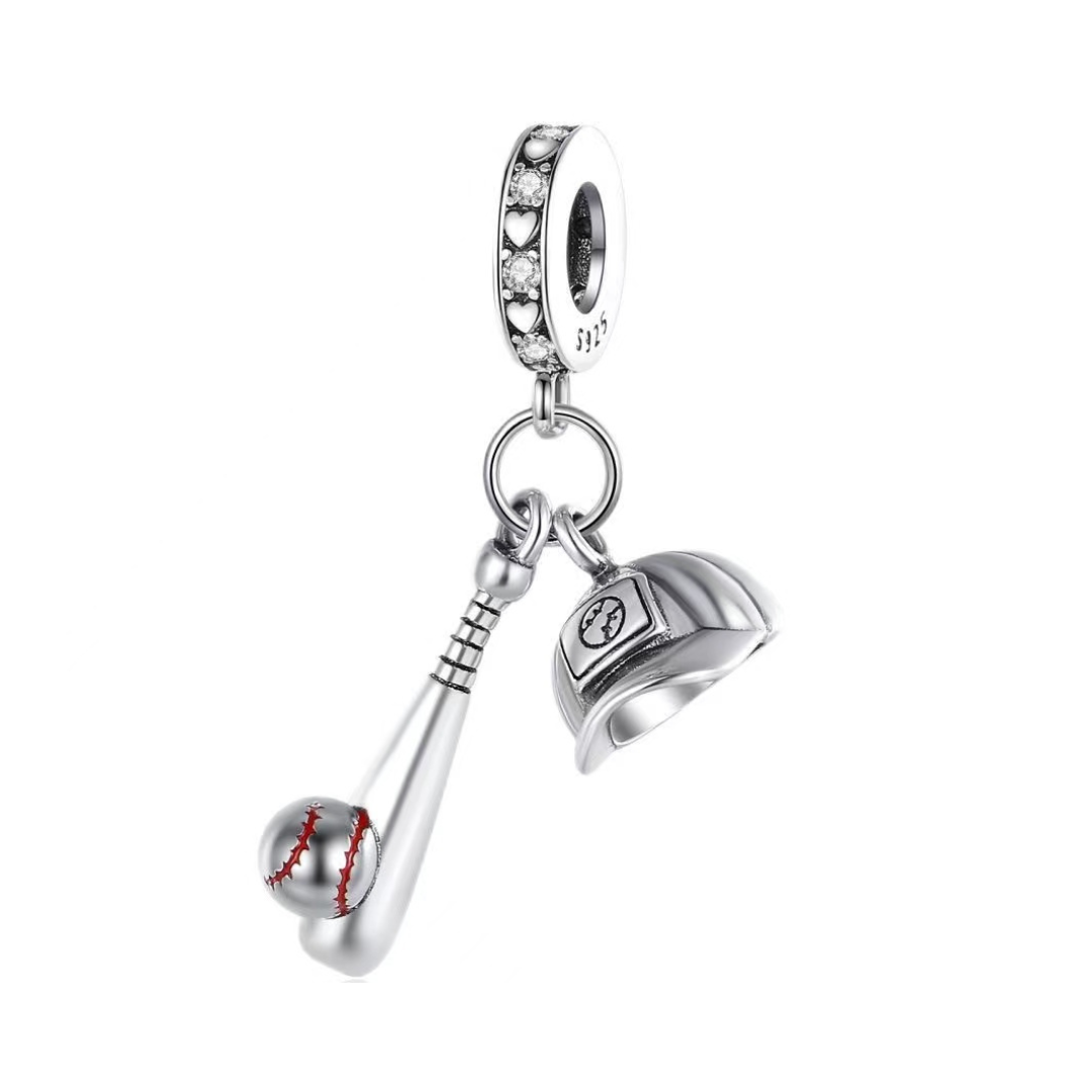 Home Run Dreams Baseball Dangle Charm featuring a silver bat, baseball, and miniature cap.