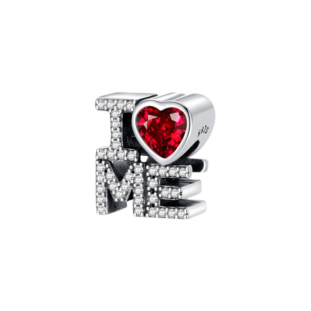 I Love Me Red Heart Charm featuring sparkling crystal letters and a red heart design, celebrating self-love and empowerment.