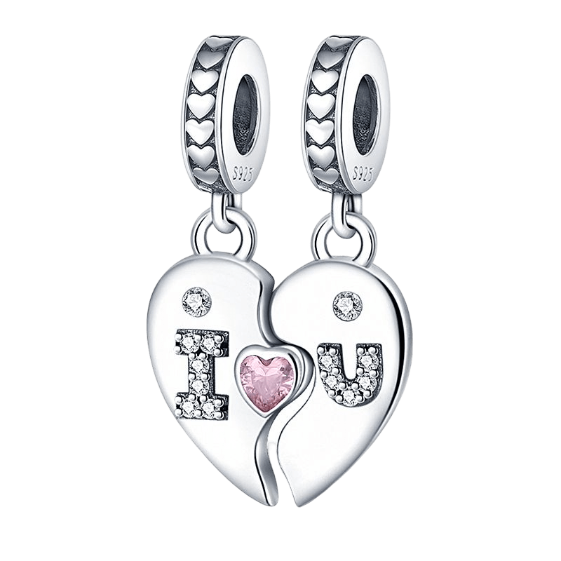 I Love U Split Heart Dangle Charm featuring sparkling letters 'i' and 'u' with a heart in between.