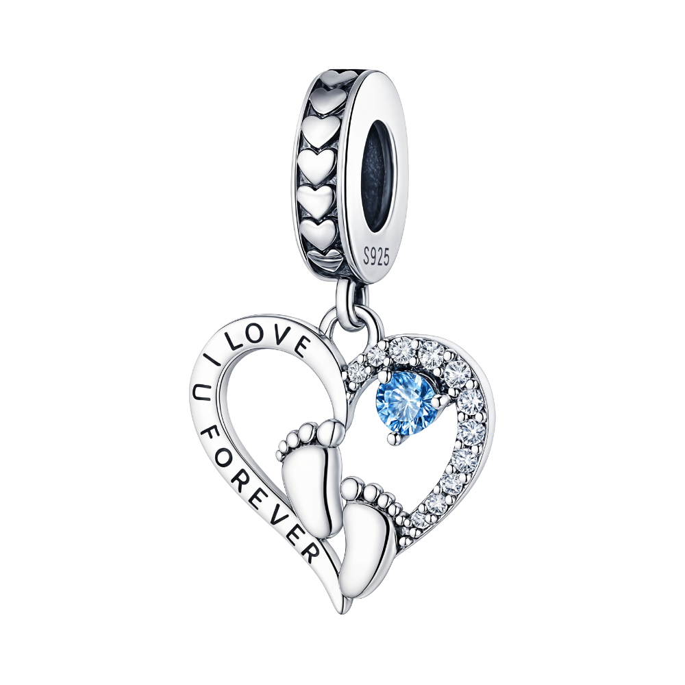 I Love You Forever Baby Feet Dangle Charm with blue sapphire and baby feet in heart shape.