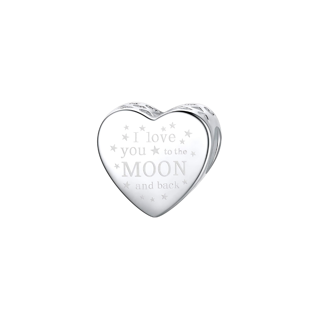 I Love You to the Moon and Back Heart Charm, engraved silver heart with star details.