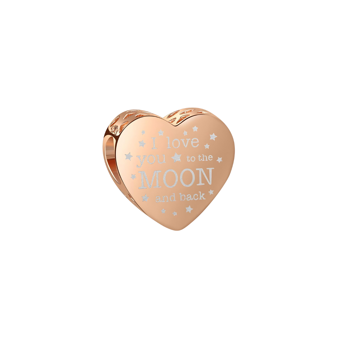 I Love You to the Moon and Back Rose Gold Heart Charm with engraved script and star details.