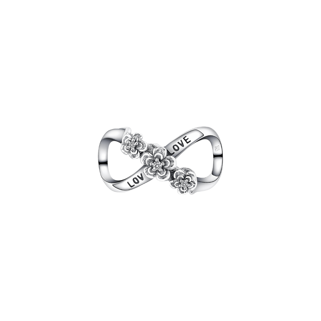 Infinity Love Flower Charm featuring an infinity symbol with engraved LOVE and delicate silver flowers.