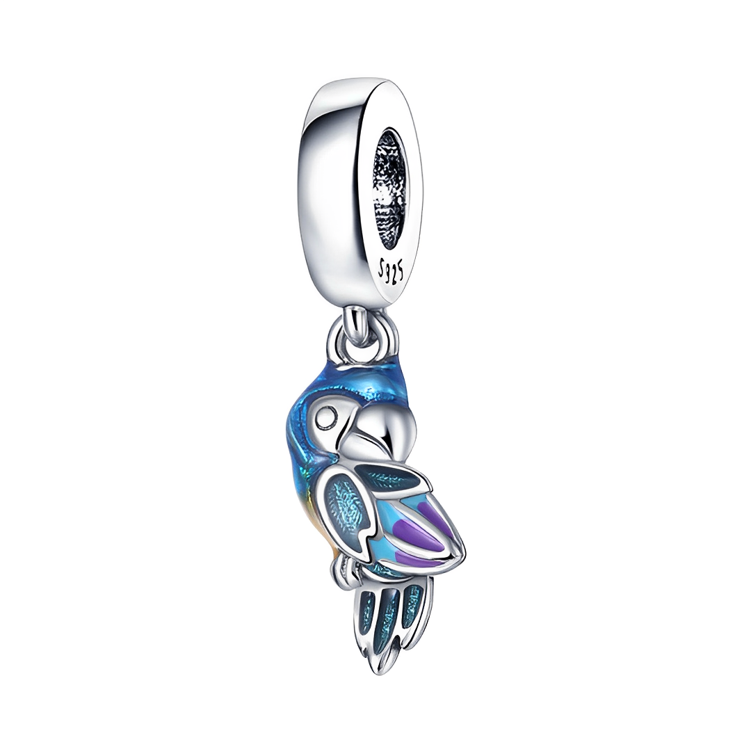 Iridescent Blue Parrot Dangle Charm featuring shimmering blue and teal enamel, purple wing accent.