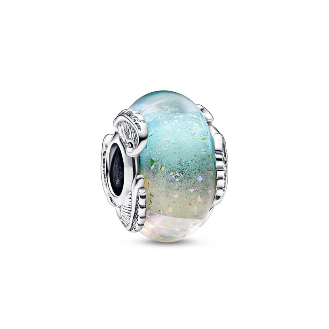 Iridescent Feather Murano Glass Charm with aqua teal gradient and silver details, showcasing unique iridescent flecks.
