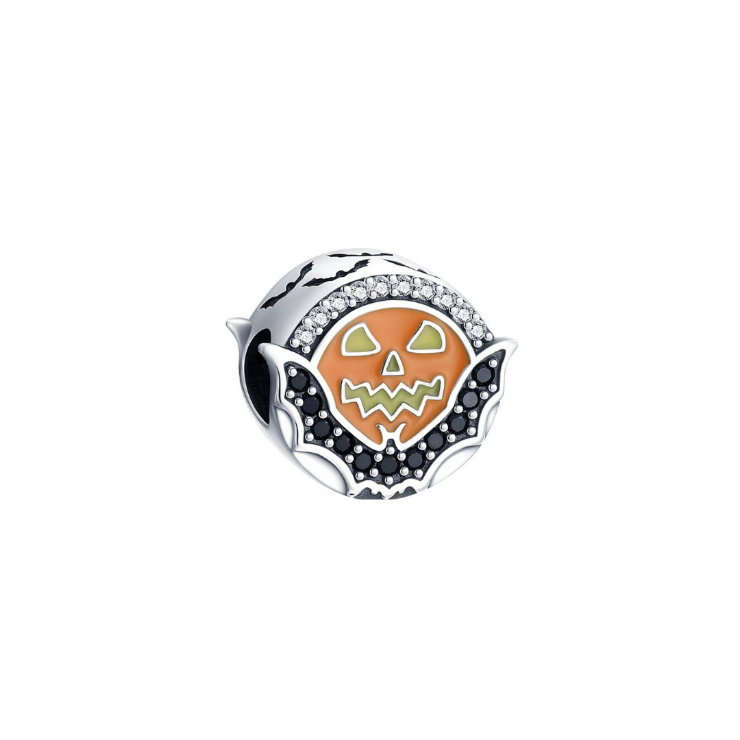 Jack O Lantern And Bat Circle Charm (DISCONTINUED) with orange face and black bat wings in sterling silver