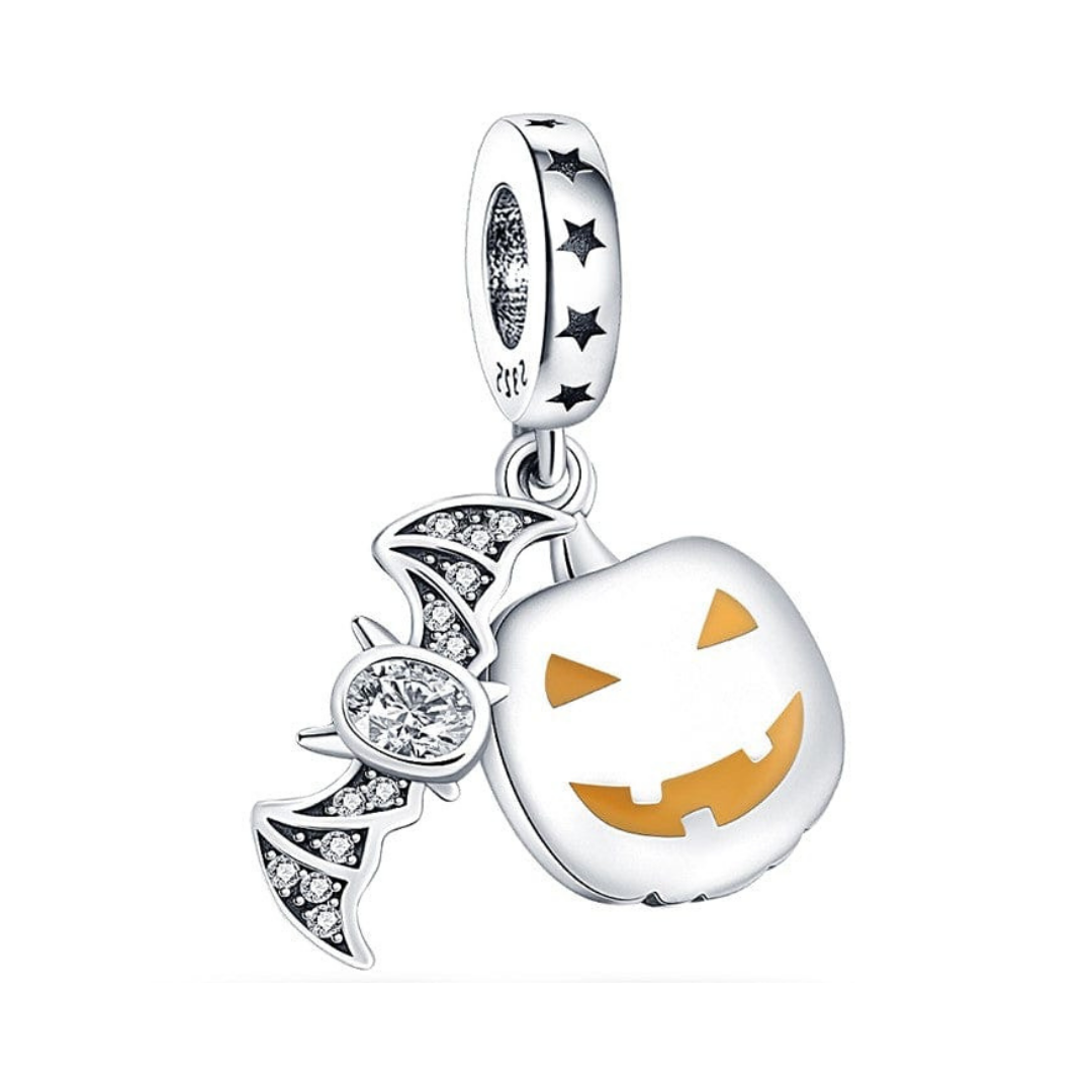 Jack O Lantern And Bat Dangle Charm (DISCONTINUED) featuring a spooky pumpkin and a bat with sparkling details.