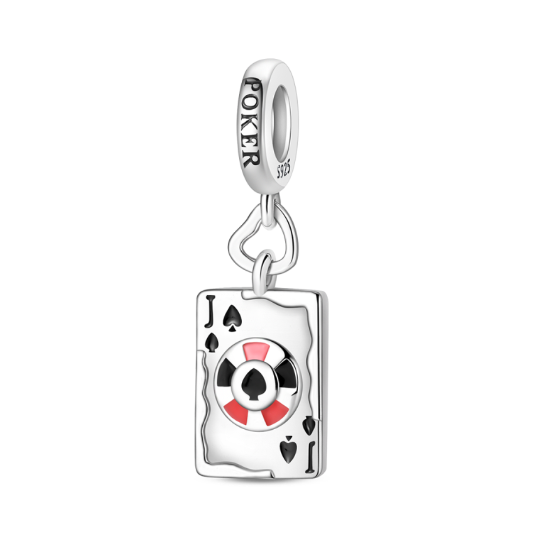 Jack of Spades Poker Dangle Charm showcasing a stylish poker card and chip design.
