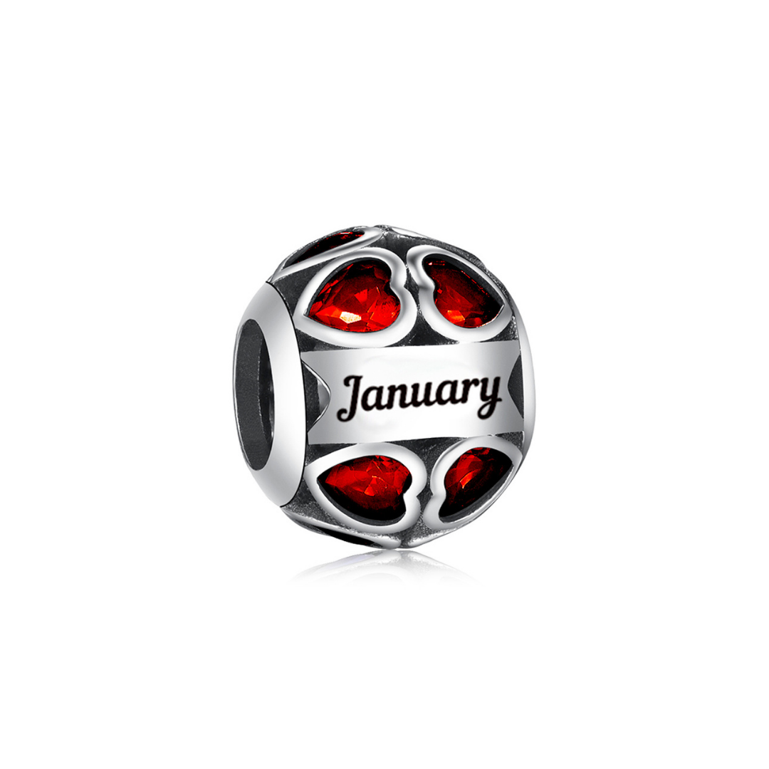 January Birthstone Heart Charm featuring red gemstones and engraved 'January' for personalized gifting.