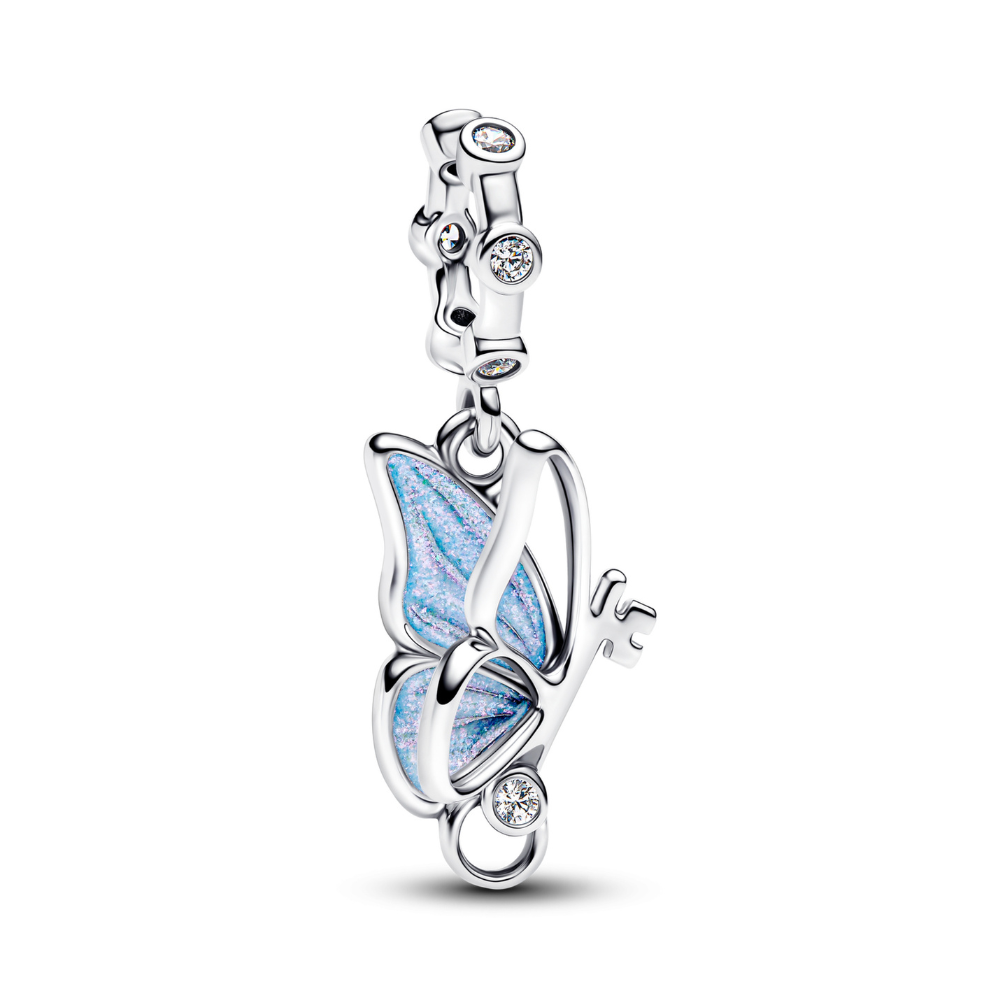 Butterfly dangle charm featuring blue enamel wings and sparkling sterling silver design.