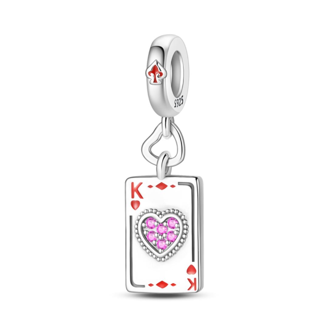 King of Hearts Poker Dangle Charm featuring a sparkling heart and a card design, perfect for expressing love and loyalty.