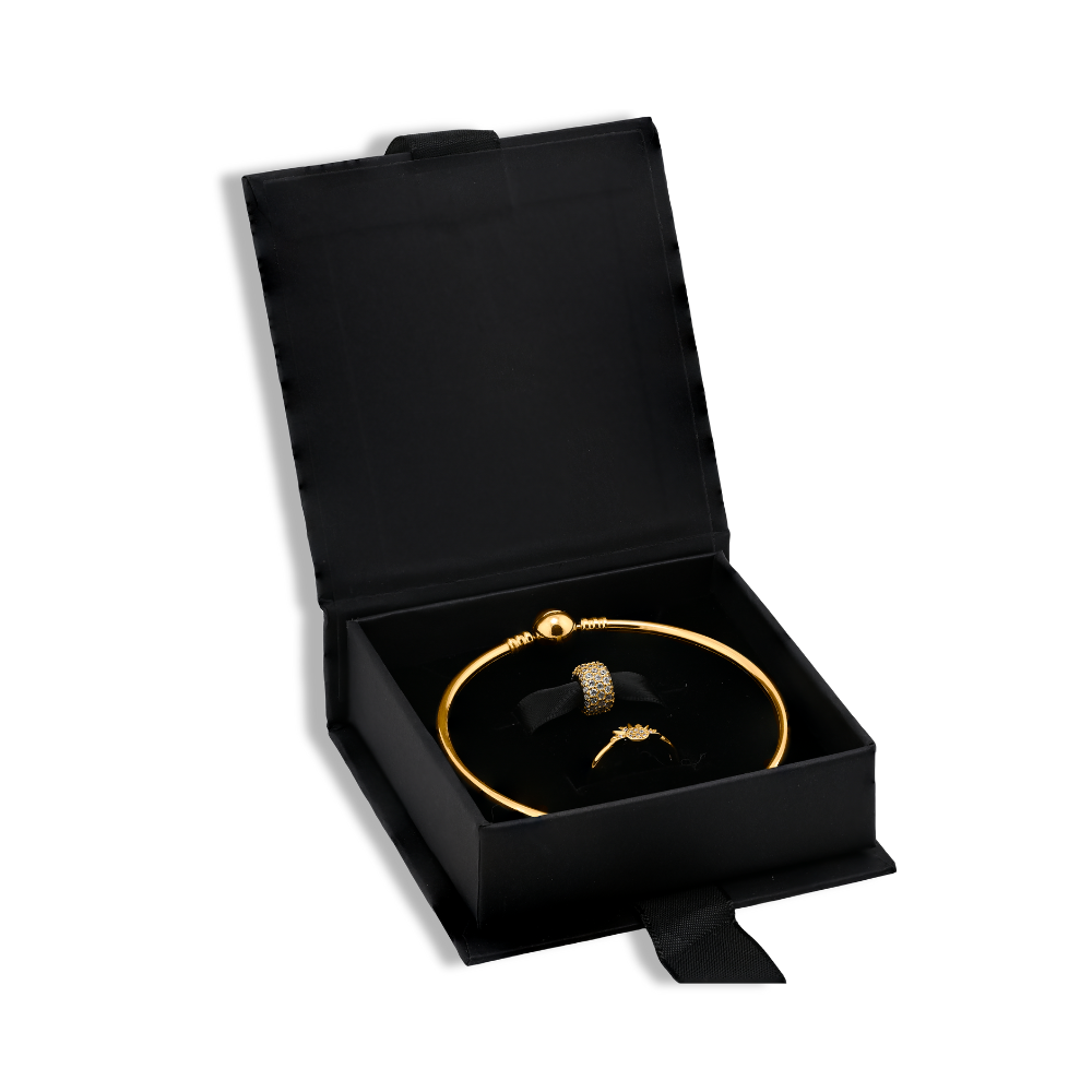 Large Jewelry Gift Box for Bracelets and Necklaces open with gold bracelet and ring inside, elegantly displayed.