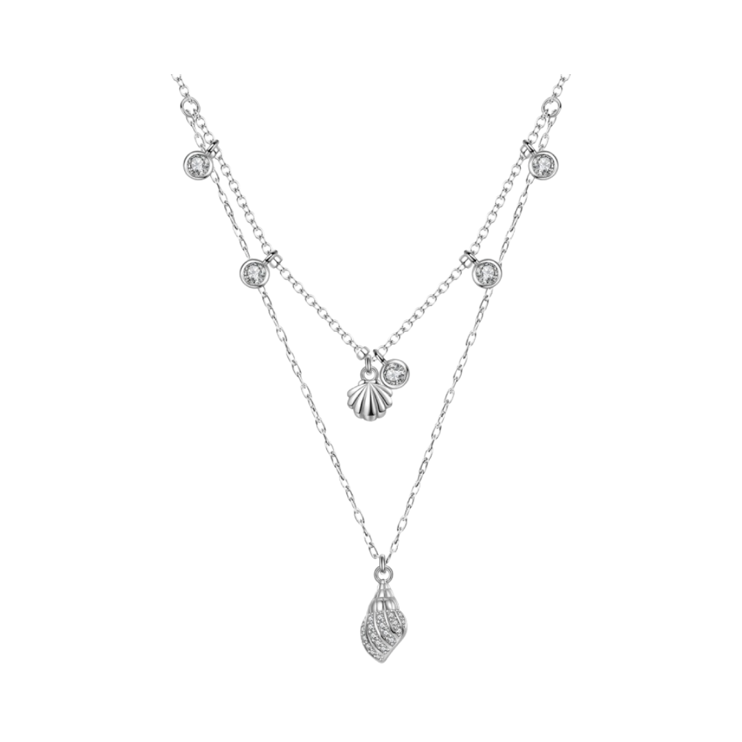 Layered Seashell Necklace featuring delicate chains and shimmering seashell charms, perfect for ocean-inspired outfits.