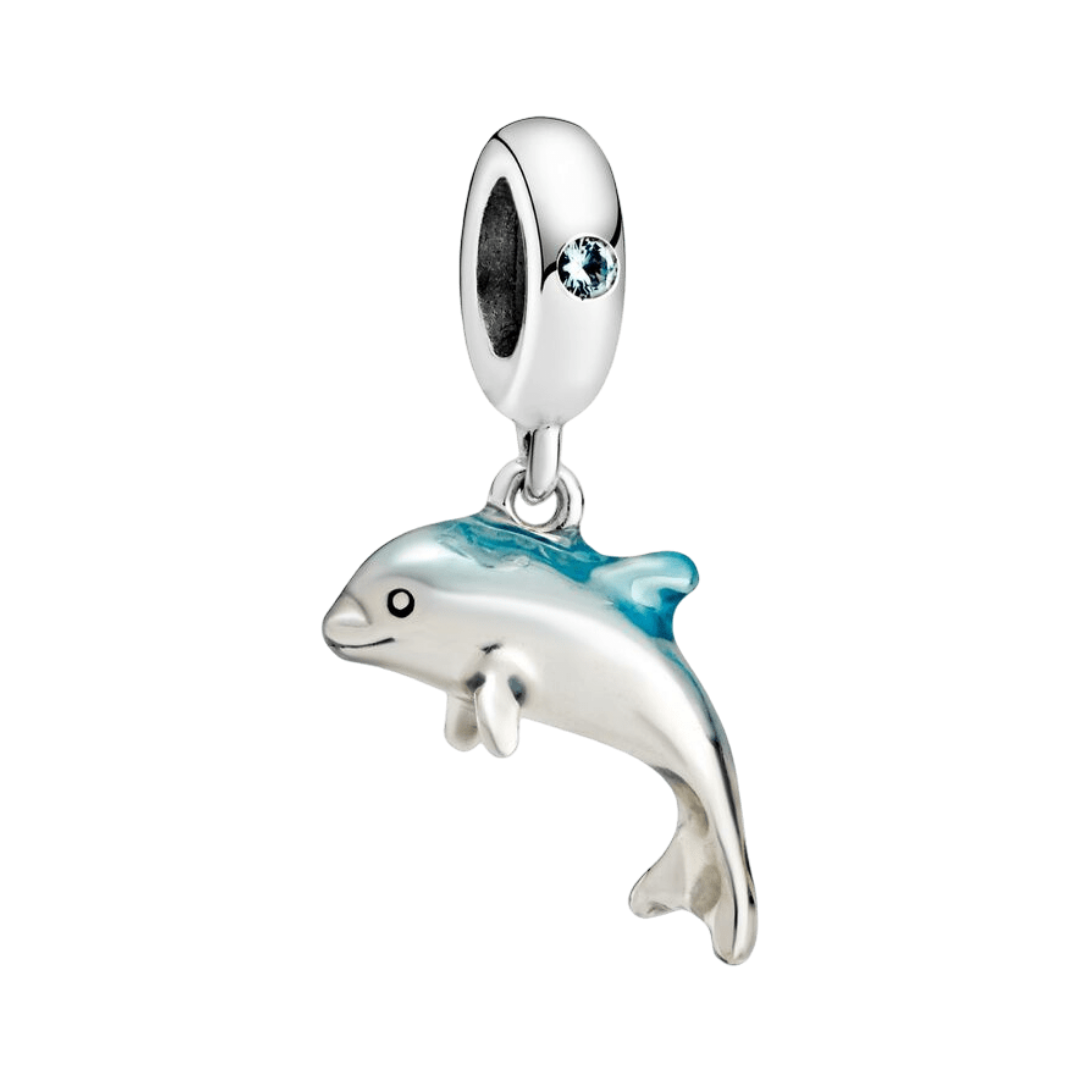 Leaping Dolphin Ocean Dangle Charm featuring a teal and white enamel dolphin charm and blue stone accent.