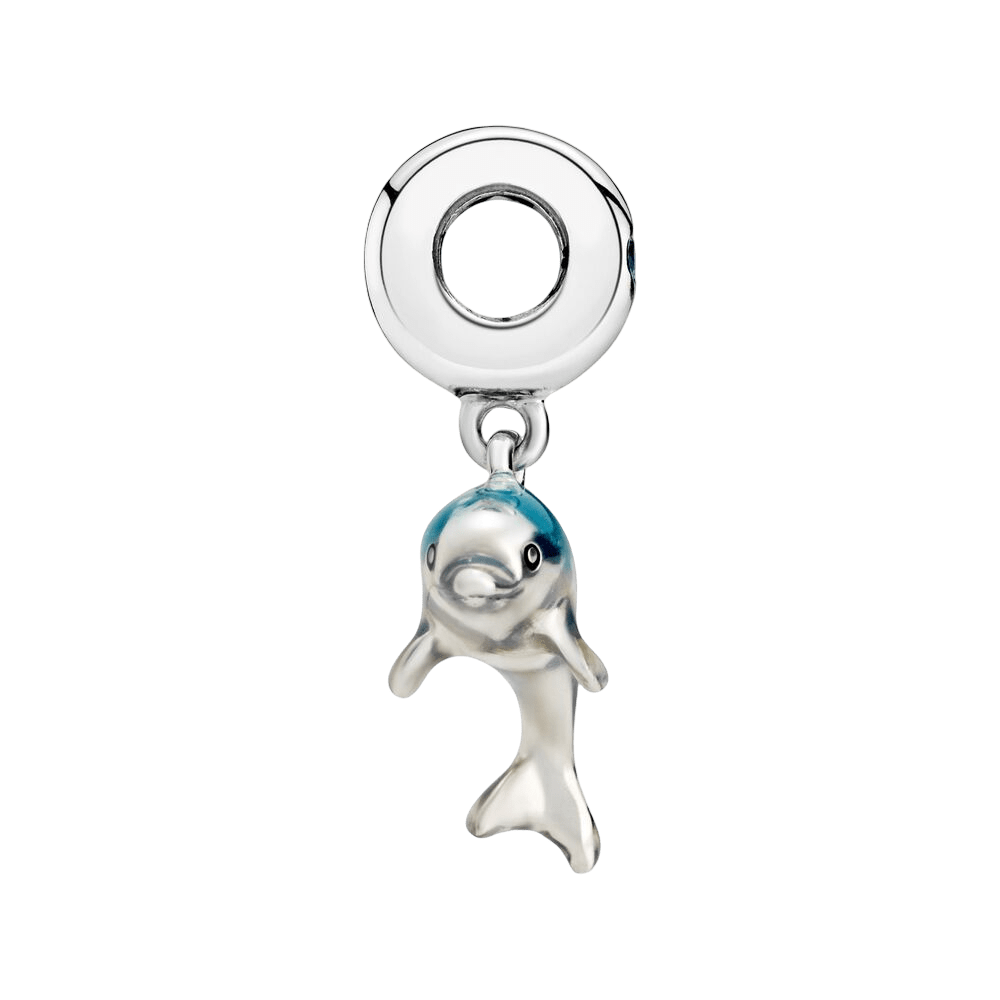 Leaping Dolphin Ocean Dangle Charm featuring a smooth white and teal enamel dolphin with a polished silver bead.