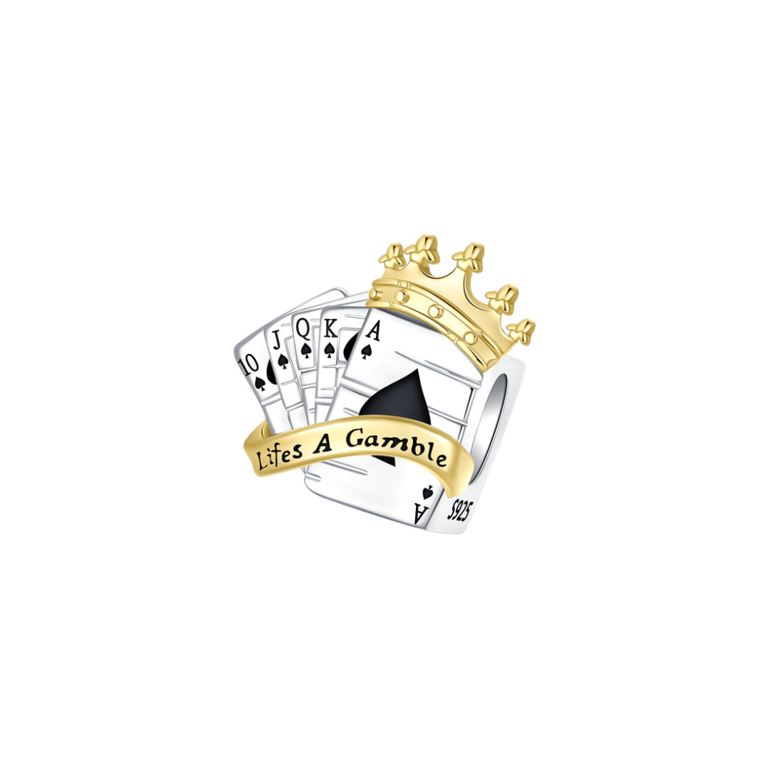 Life's A Gamble Royal Flush Playing Cards Charm featuring 10, J, Q, K, A of spades and a gold crown.