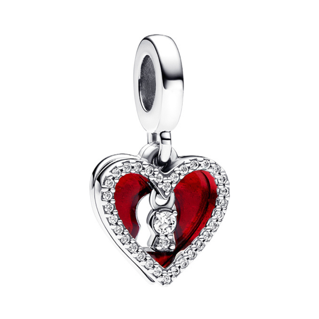 Locked in Love Heart Dangle Charm featuring a red enamel heart with silver lock and sparkling stones.