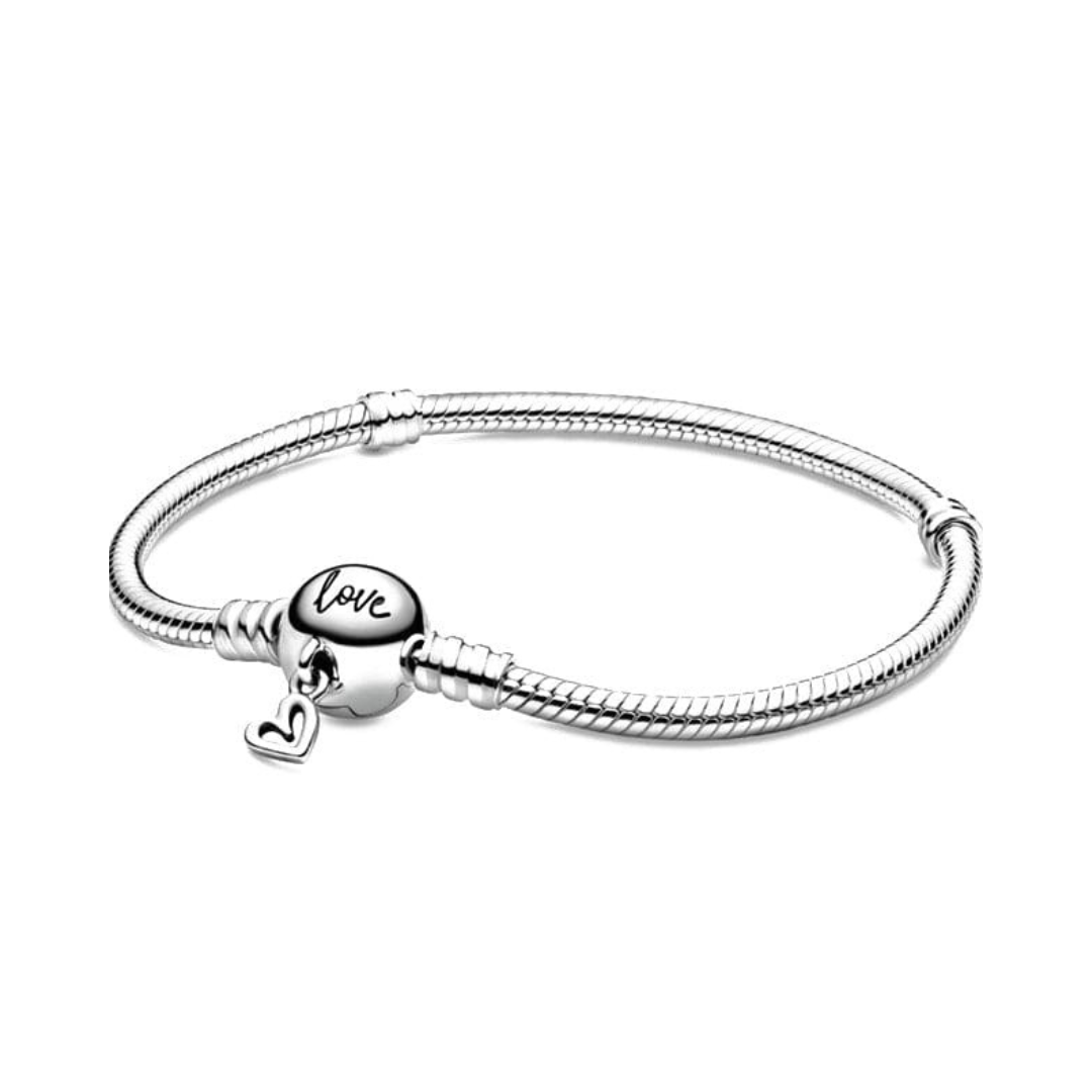 Love Heart Silver Snake Chain Bracelet featuring a round clasp engraved with 'love' and a tiny heart charm.