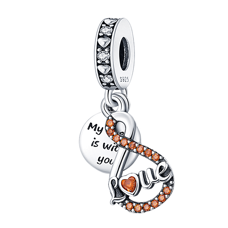 Love Infinity Dangle Charm (DISCONTINUED) featuring orange zircons and engraved message 'My heart is with you'